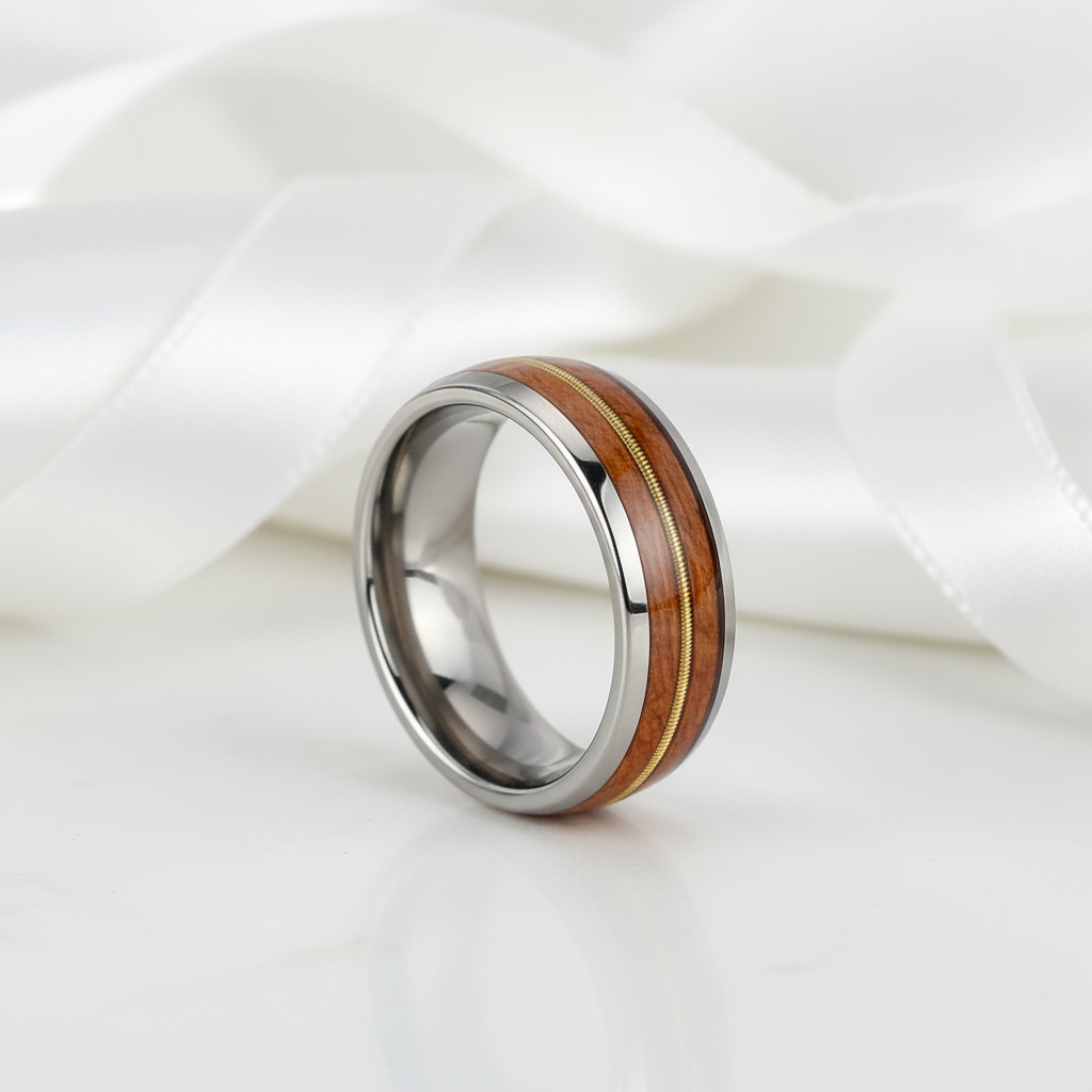 Wood & Guitar String Tungsten Men's Wedding Band-Black Diamonds New York