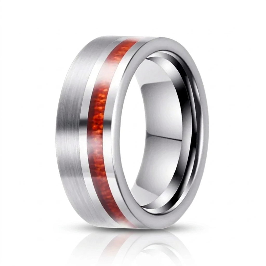 Wood Inlay Brushed Finished Tungsten Carbide Men's Ring-Black Diamonds New York