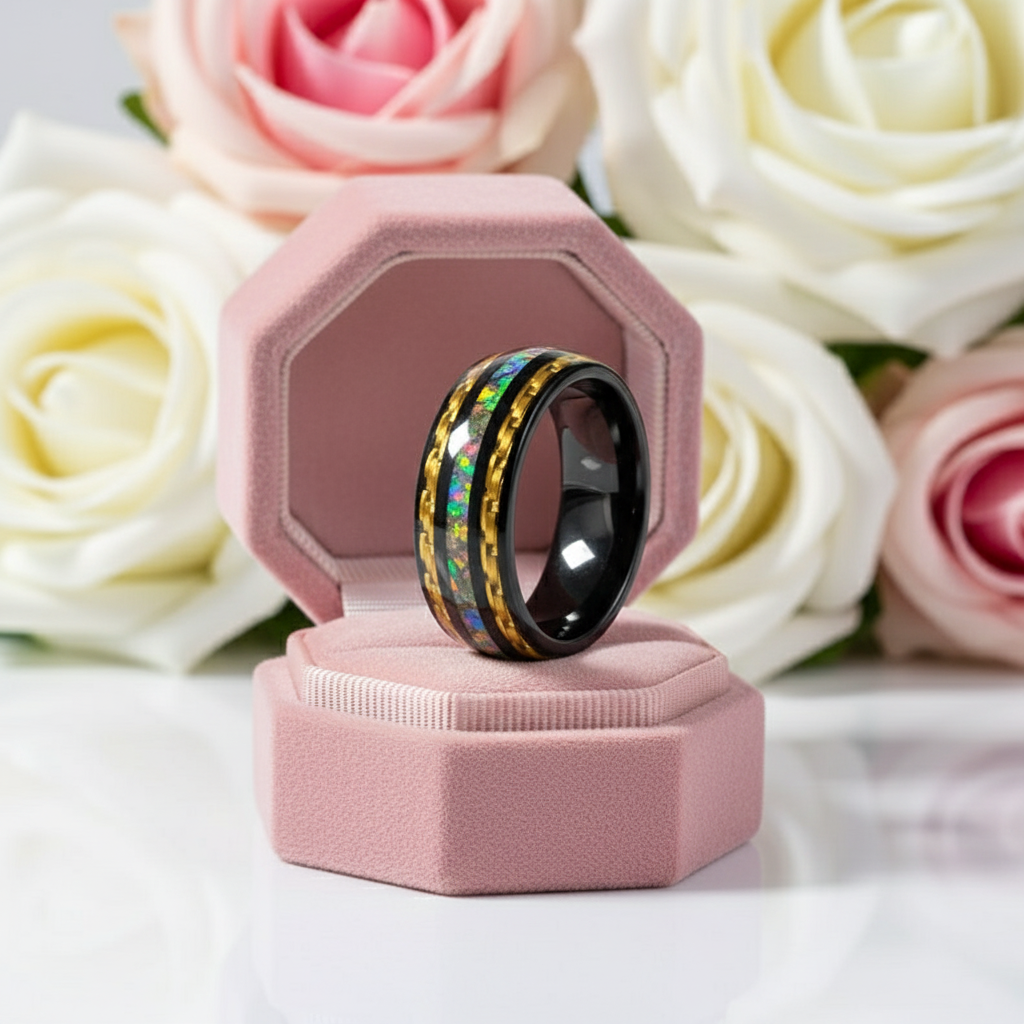 Yellow Carbon Fiber and Opal Inlaid Black Tungsten Men's Ring-Black Diamonds New York