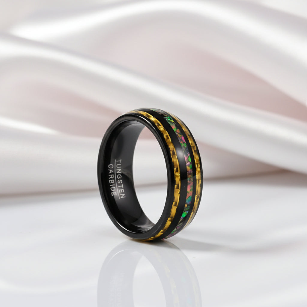 Yellow Carbon Fiber and Opal Inlaid Black Tungsten Men's Ring-Black Diamonds New York
