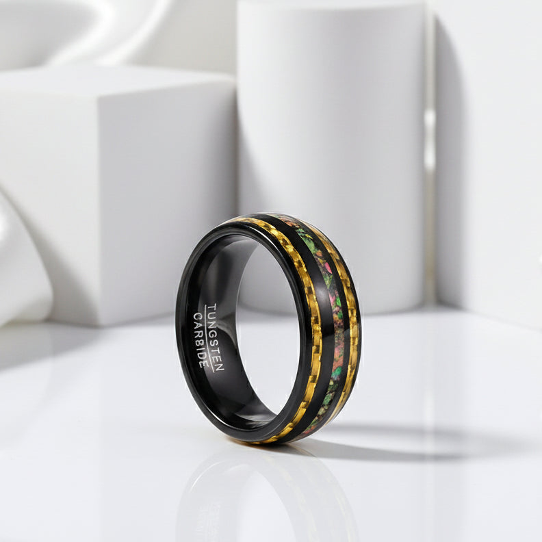 Yellow Carbon Fiber and Opal Inlaid Black Tungsten Men's Ring-Black Diamonds New York