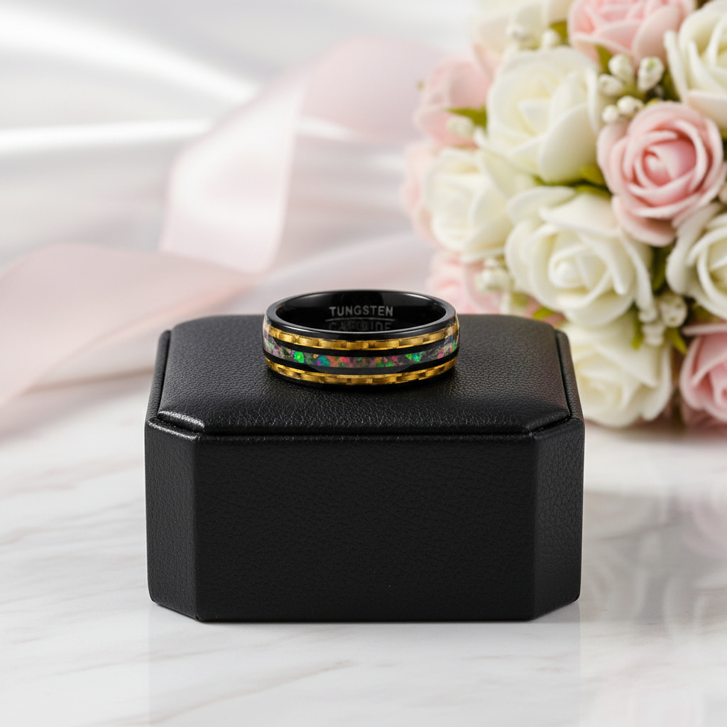 Yellow Carbon Fiber and Opal Inlaid Black Tungsten Men's Ring-Black Diamonds New York