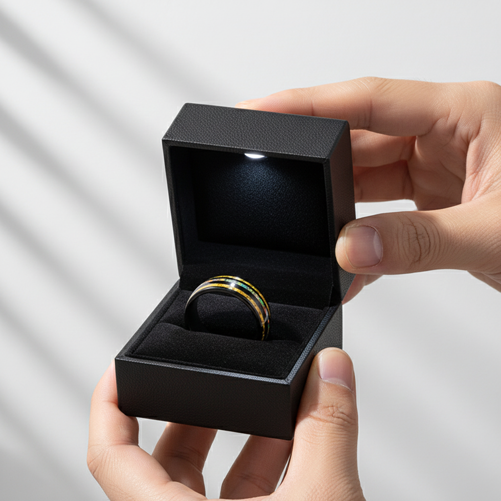 Yellow Carbon Fiber and Opal Inlaid Black Tungsten Men's Ring-Black Diamonds New York