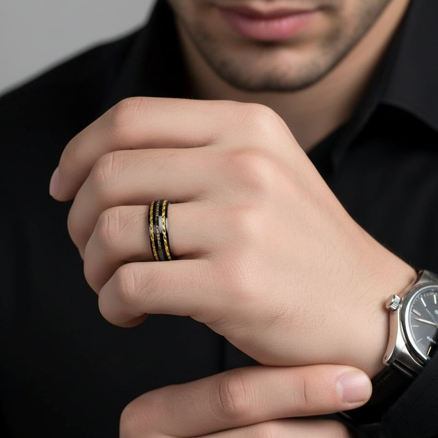 Yellow Carbon Fiber and Opal Inlaid Black Tungsten Men's Ring-Black Diamonds New York