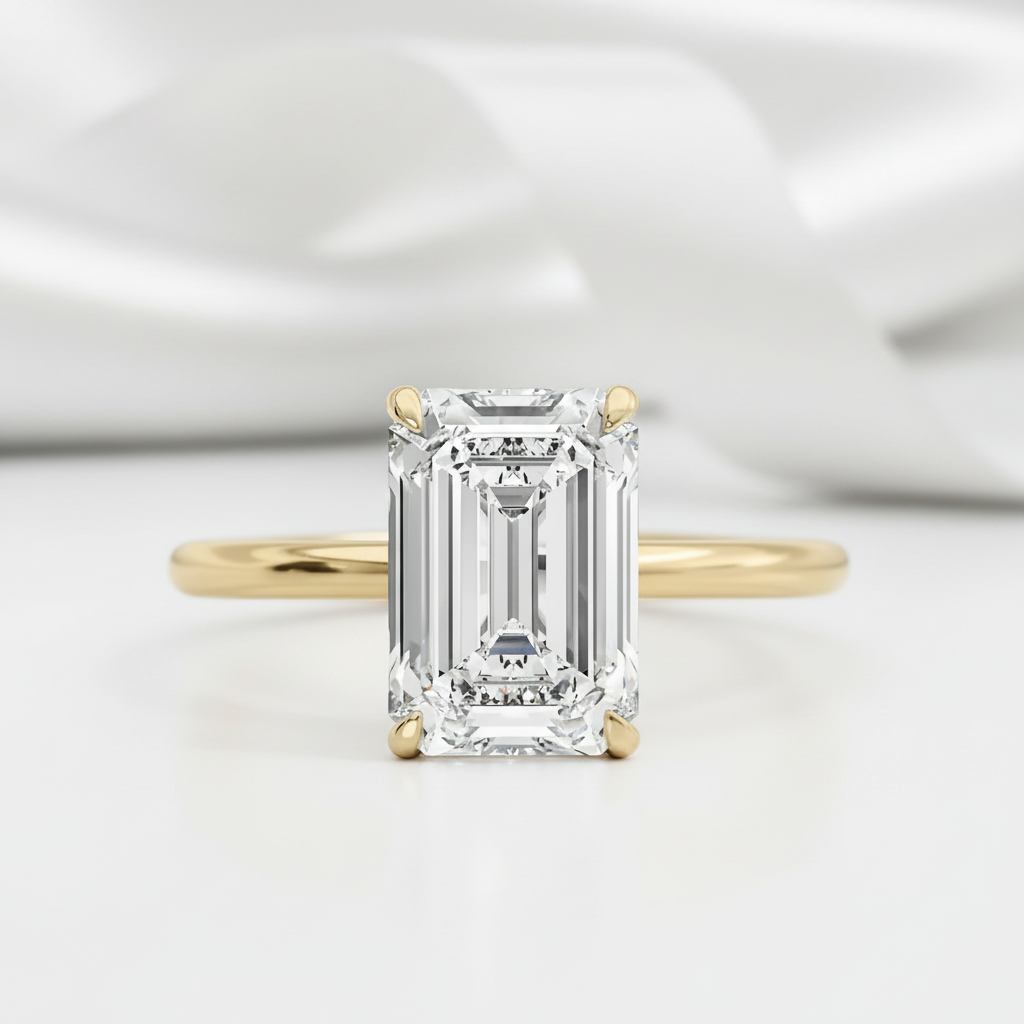 An emerald-cut diamond ring in a yellow gold band, photographed on a clean white background with a soft, blurred white fabric backdrop.