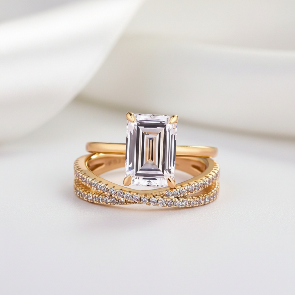 Yellow Gold Emerald Cut Diamond Option Ring Set-Black Diamonds New York