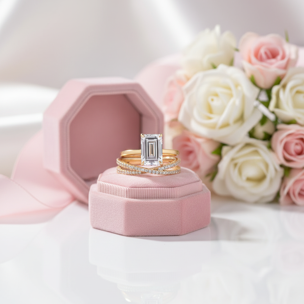 Yellow Gold Emerald Cut Diamond Option Ring Set-Black Diamonds New York