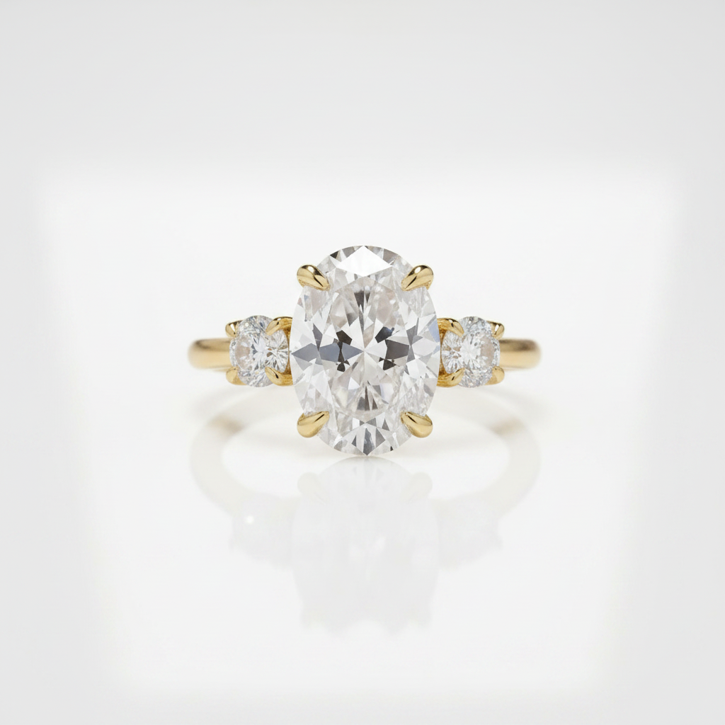 A yellow gold three-stone ring featuring a large oval center diamond flanked by two round side diamonds, set against a clean white background with a soft reflection.