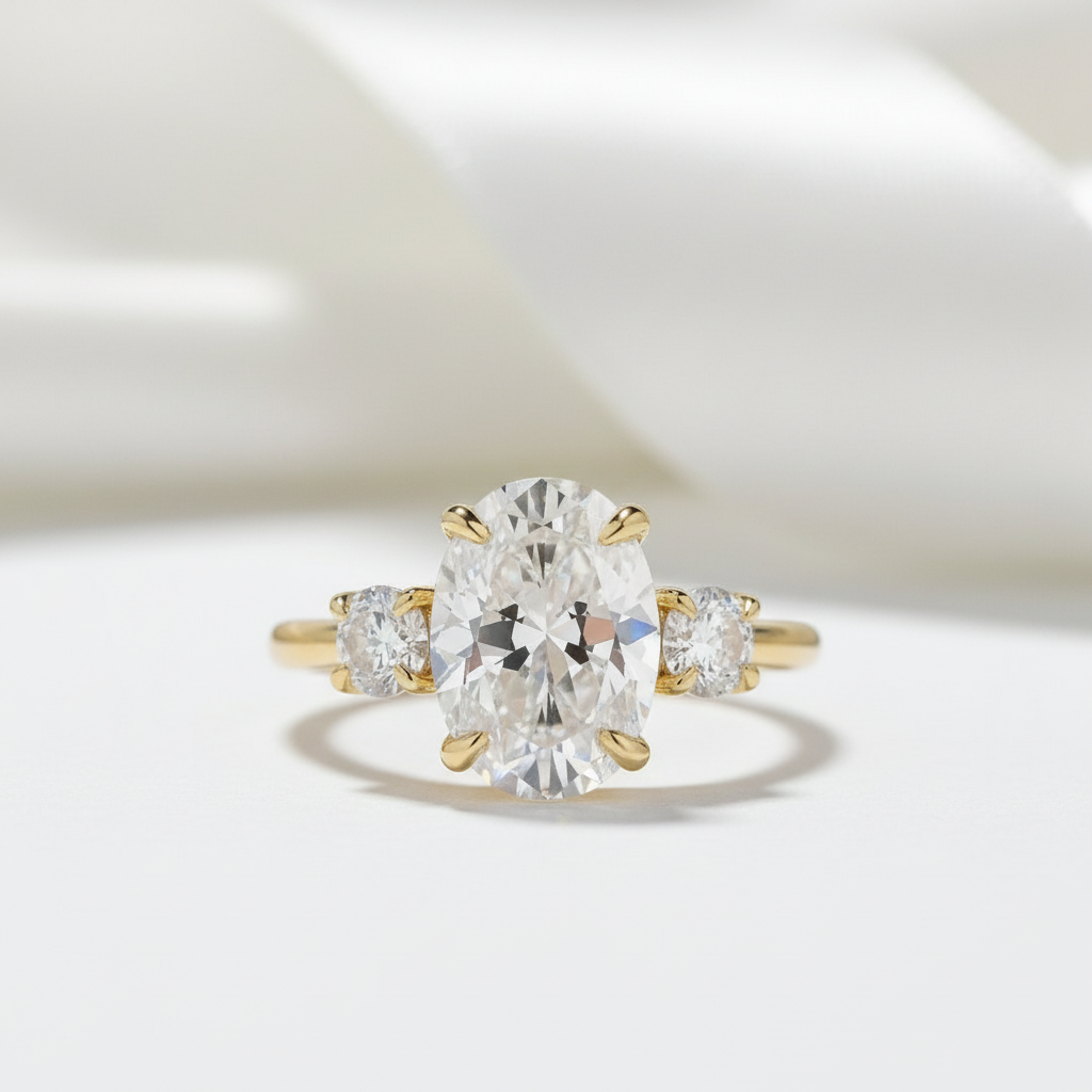 Yellow Gold Oval Cut Diamond Three Stone Engagement Ring-Black Diamonds New York