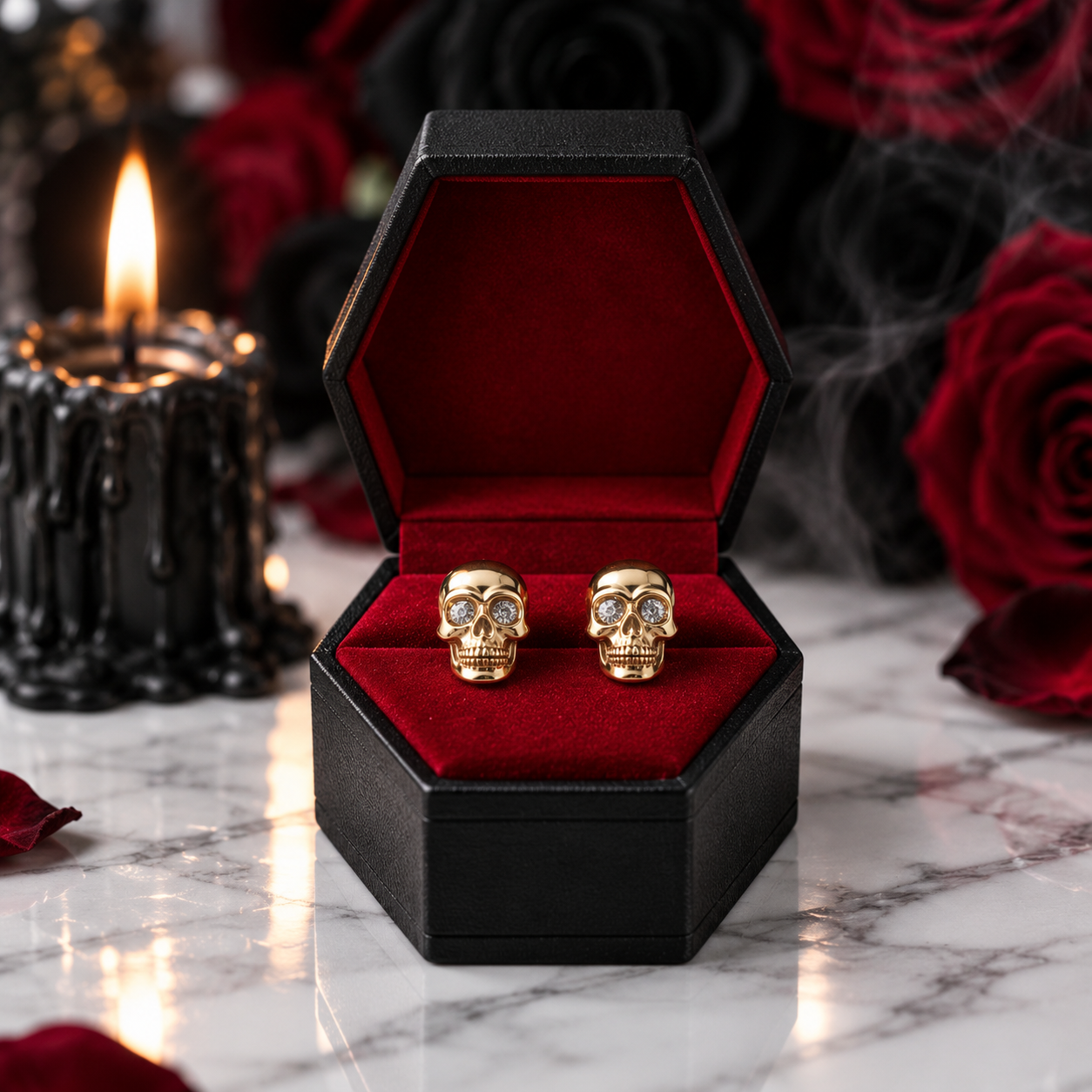 Yellow Gold Skull Diamond Option Screw Stud Earrings-Black Diamonds New York