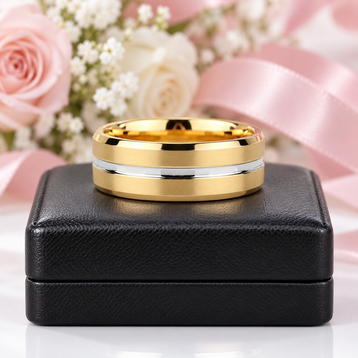 A gold band ring with a silver inlay sits centered on a black textured jewelry box, with soft pink roses, white filler flowers, and a pink ribbon blurred in the background.