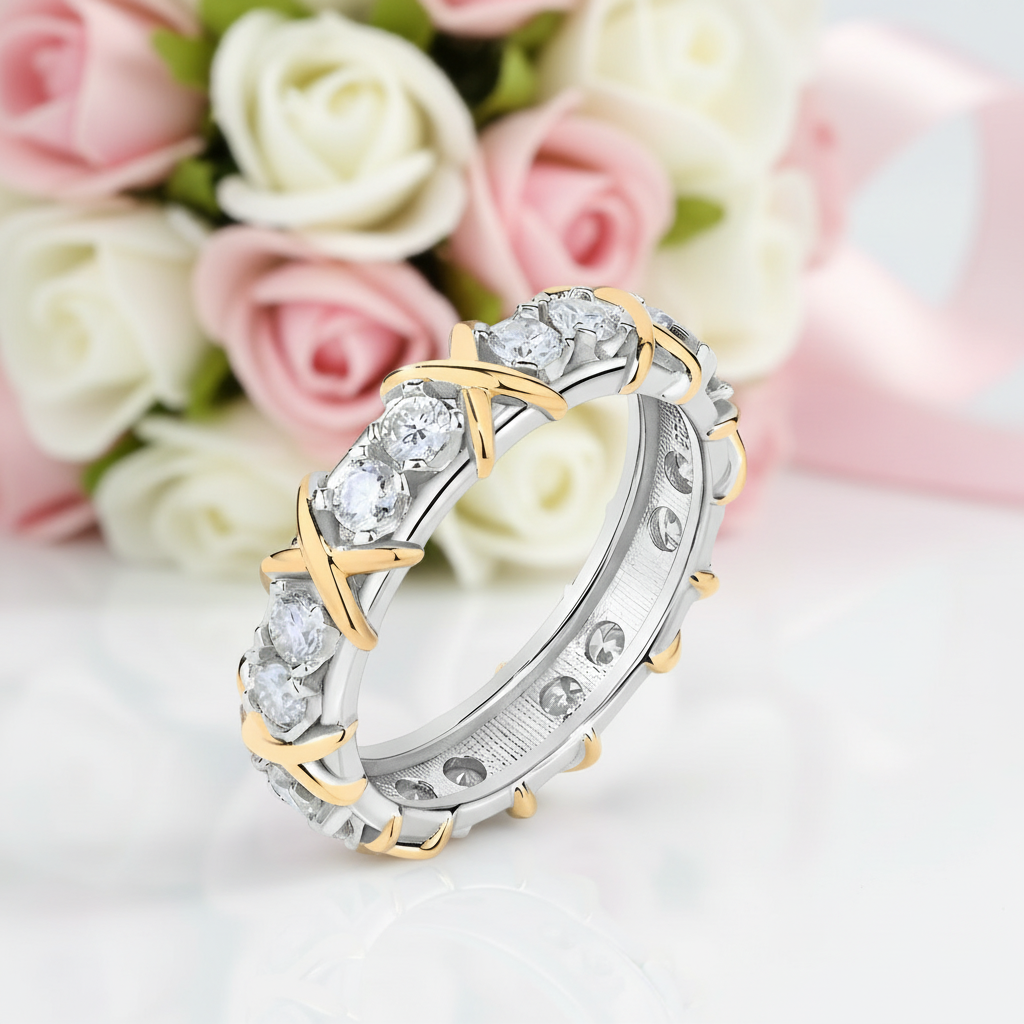 Yellow Gold X Diamond Option Two-Tone Wedding Band-Black Diamonds New York