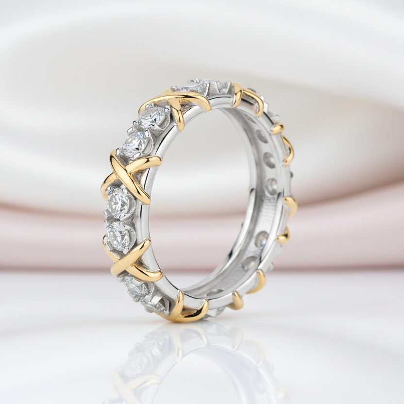 Yellow Gold X Diamond Option Two-Tone Wedding Band-Black Diamonds New York