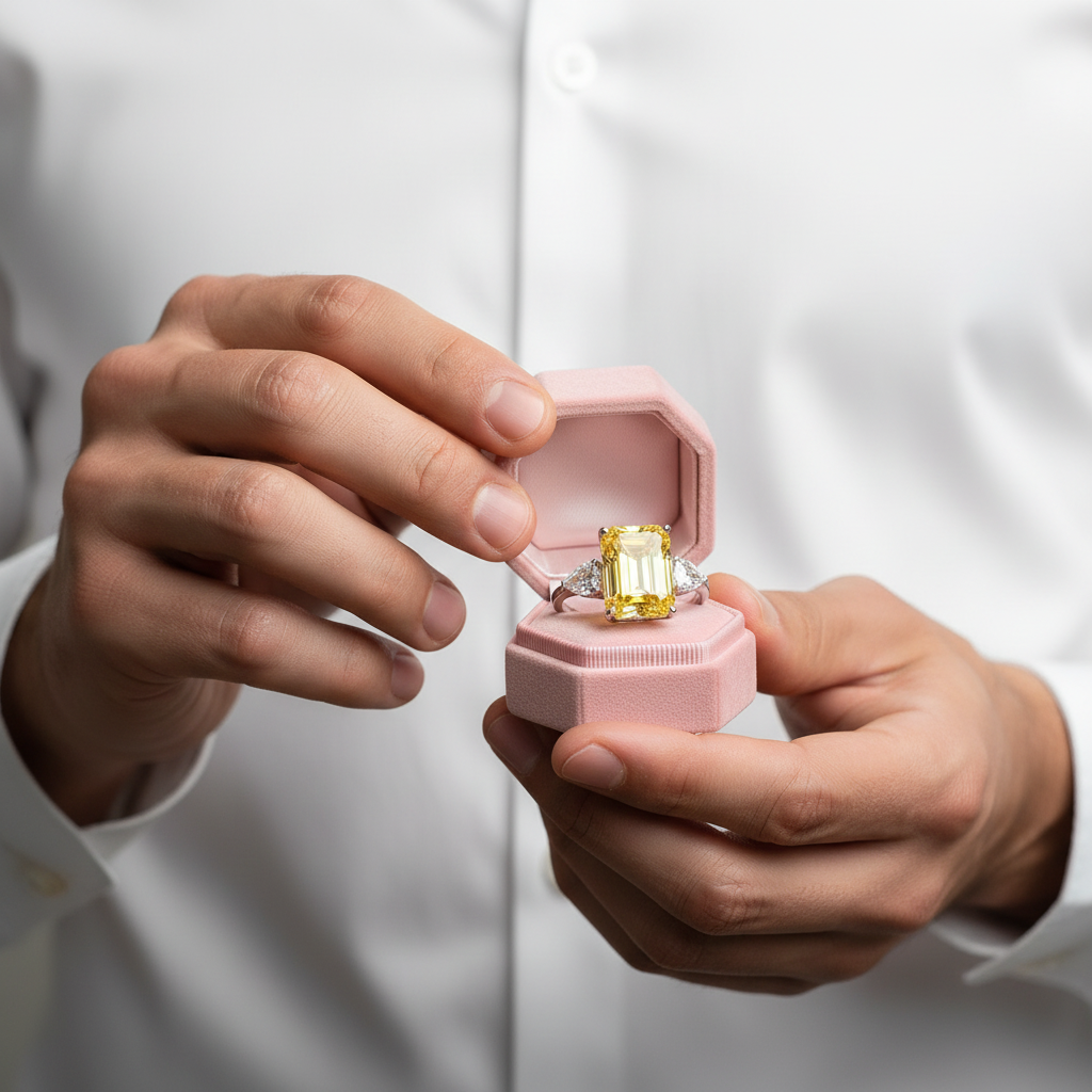 Yellow Sapphire 4.0ct Emerald Cut Three Stone Engagement Ring-Black Diamonds New York