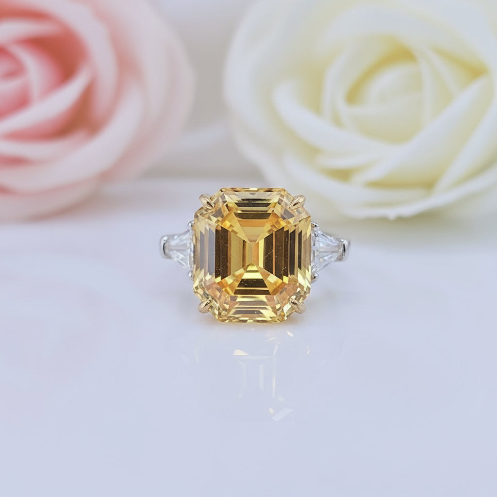 Yellow Sapphire Asscher Cut Three Stone Engagement Ring-Black Diamonds New York