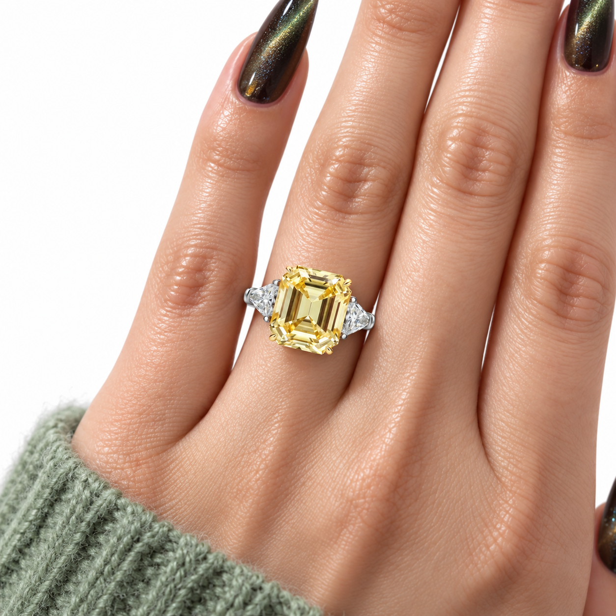 Yellow Sapphire Asscher Cut Three Stone Engagement Ring-Black Diamonds New York