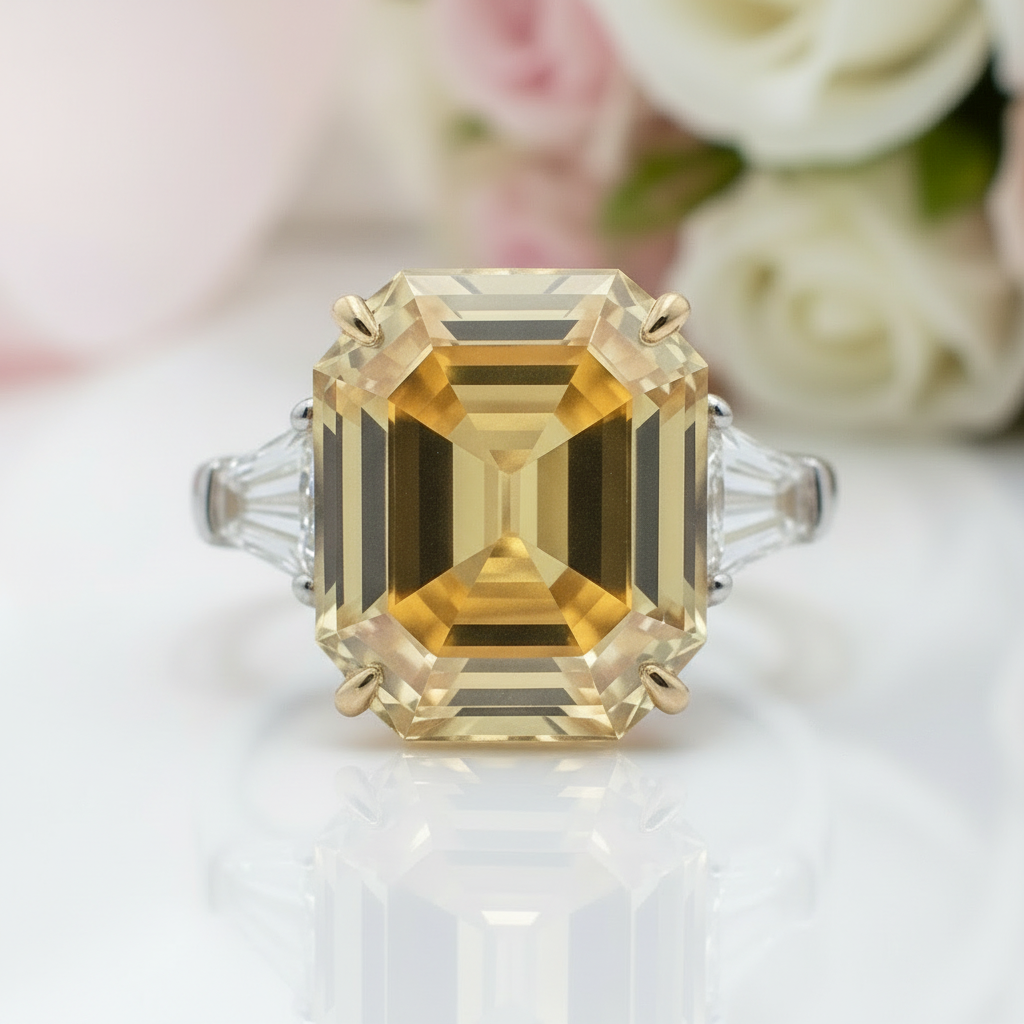 Gold ring with a large diamond in front of flowers