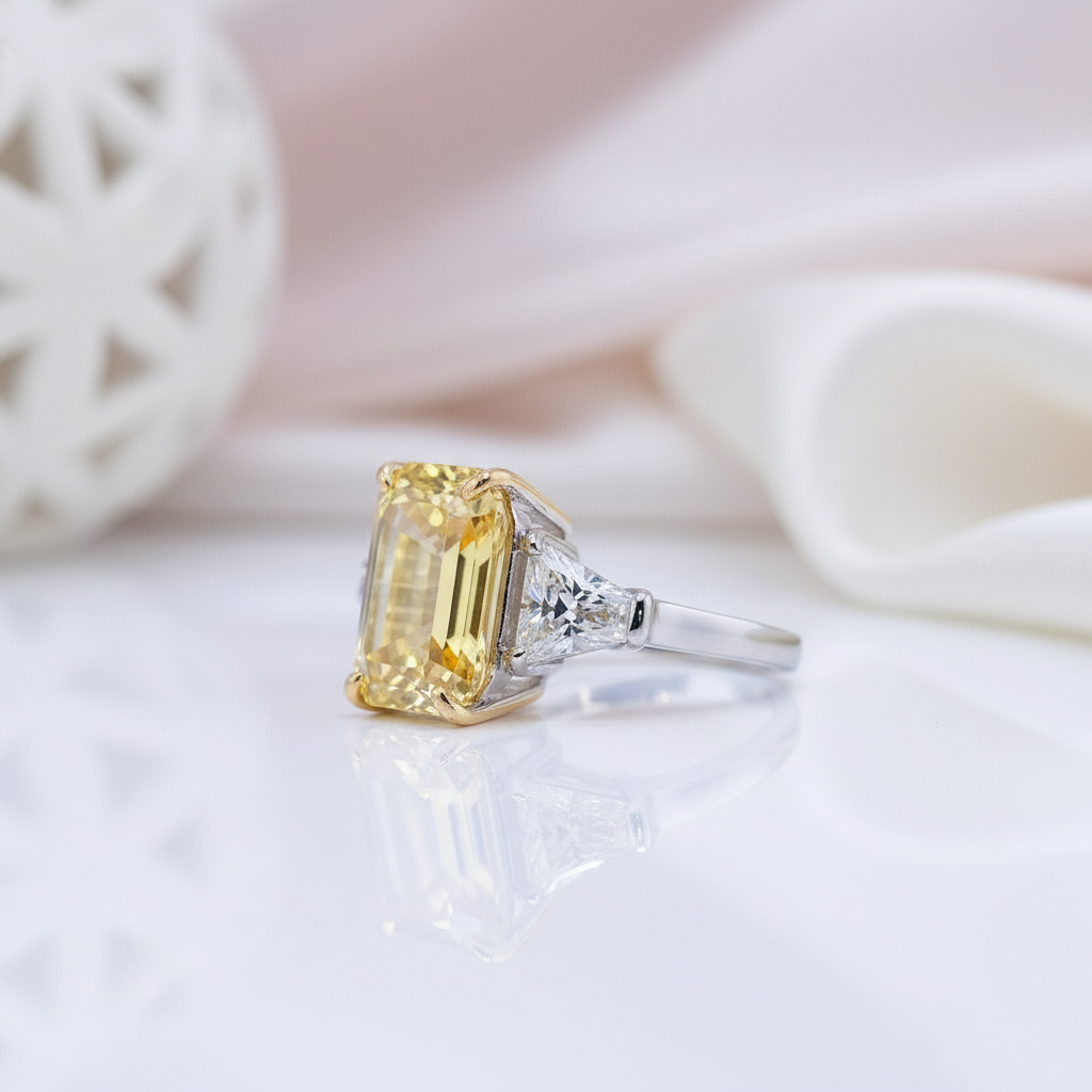 Gold ring with a large yellow gemstone on a soft white background