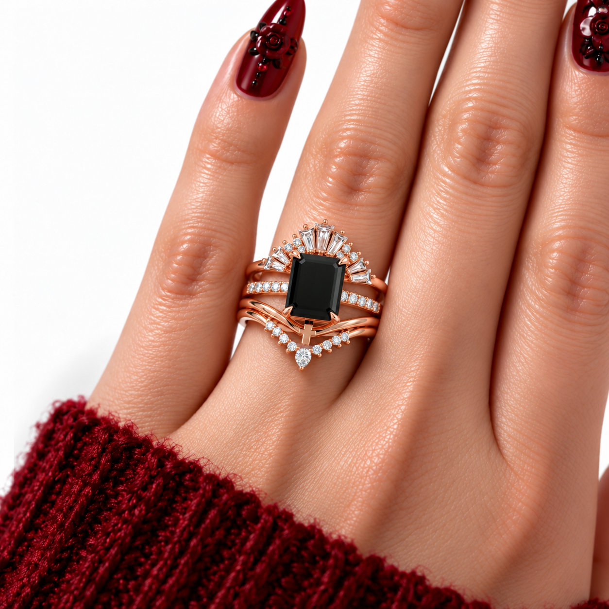 You Are Worth It- Black Emerald Cut Diamond Option Gothic Promise Ring Set-Black Diamonds New York