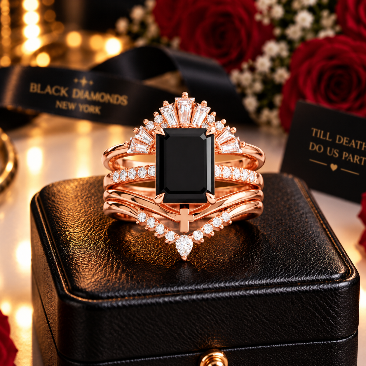 You Are Worth It- Black Emerald Cut Diamond Option Gothic Promise Ring Set-Black Diamonds New York