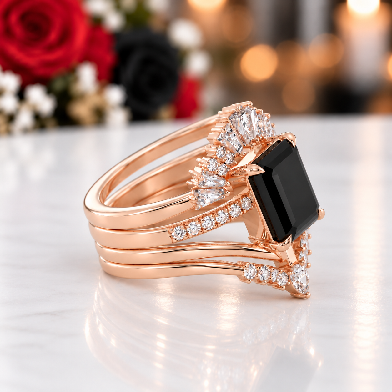 You Are Worth It- Black Emerald Cut Diamond Option Gothic Promise Ring Set-Black Diamonds New York