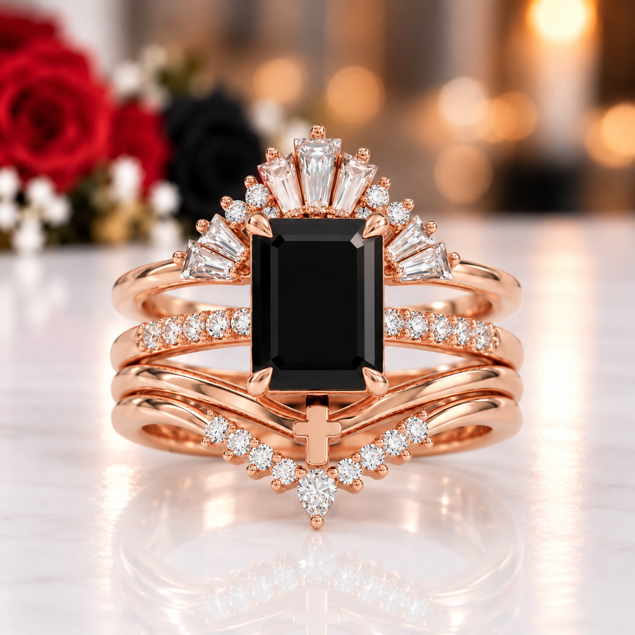 You Are Worth It- Black Emerald Cut Diamond Option Gothic Promise Ring Set-Black Diamonds New York