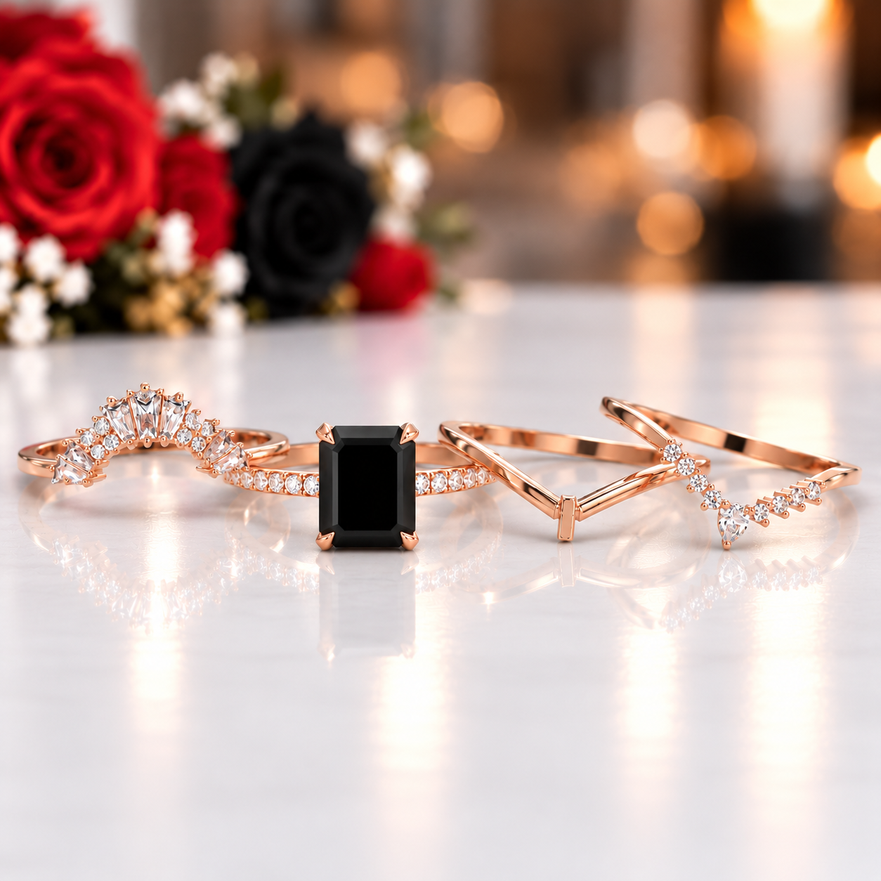 You Are Worth It- Black Emerald Cut Diamond Option Gothic Promise Ring Set-Black Diamonds New York