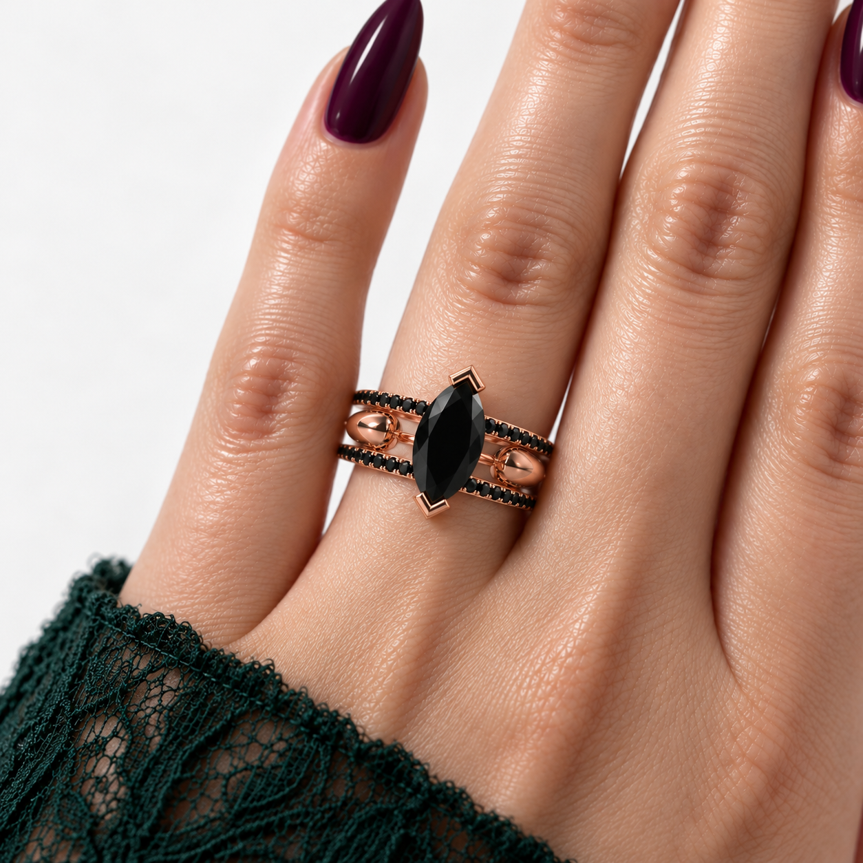 You & Me Rings- 14K Rose Gold Gothic Wedding Rings-Black Diamonds New York