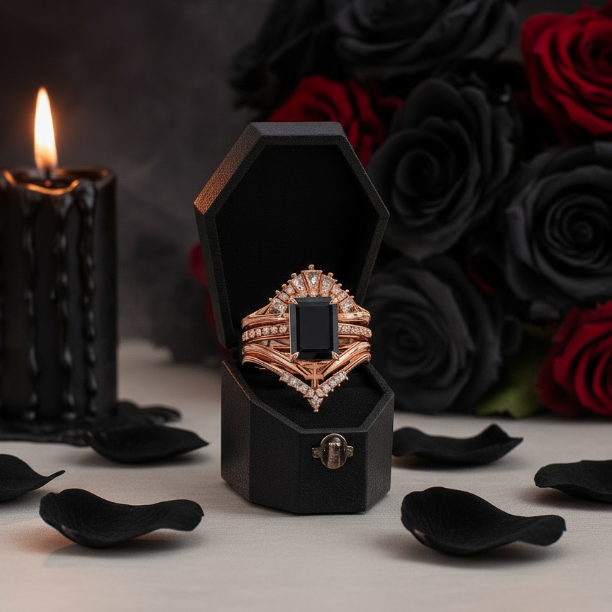 You Are Worth It- Black Emerald Cut Diamond Gothic Promise Ring Set-Black Diamonds New York