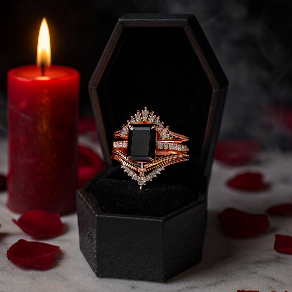 You Are Worth It- Black Emerald Cut Diamond Gothic Promise Ring Set-Black Diamonds New York