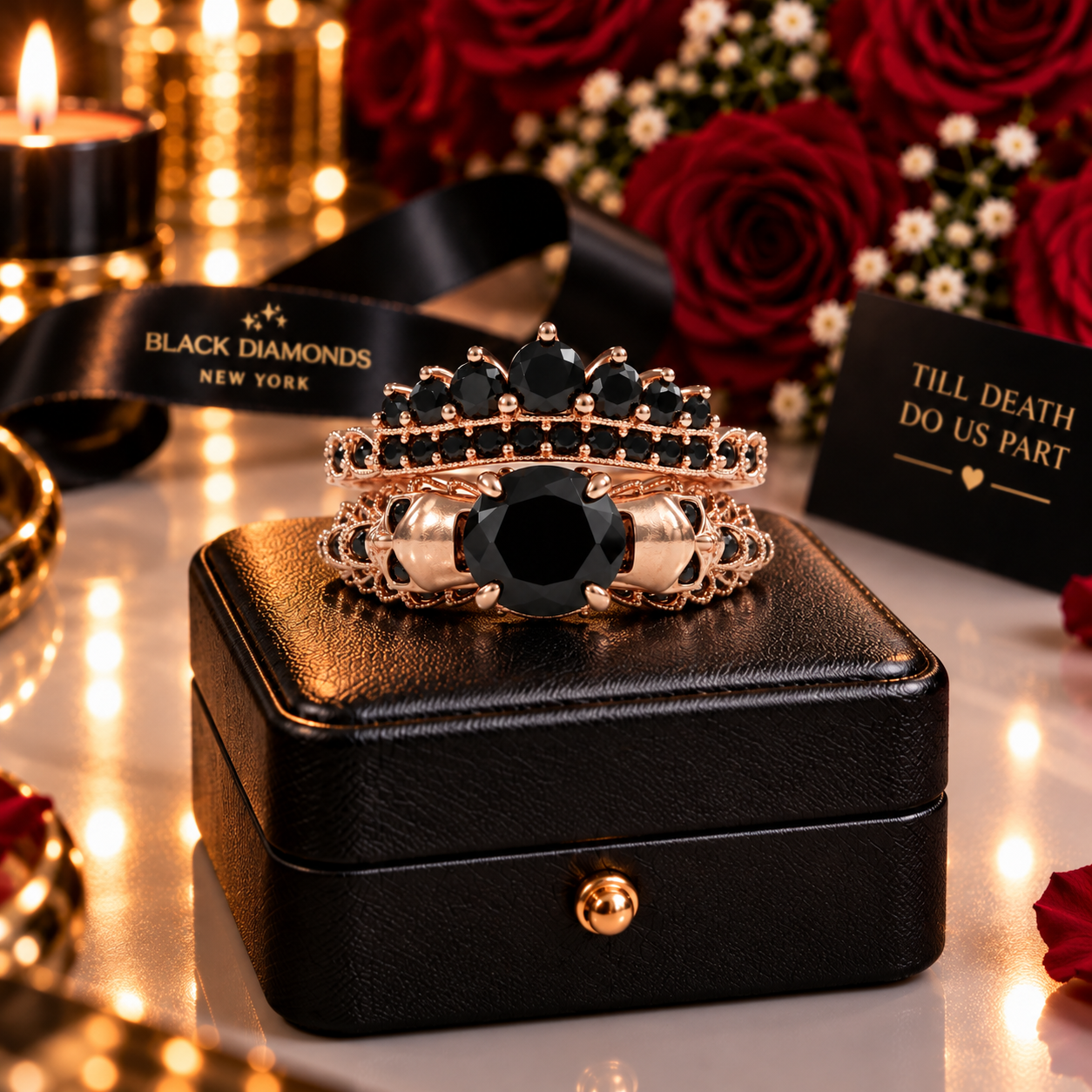 You're My Forever- 1.25 Carat Round Cut Diamond Option Skulls Promise Ring Set-Black Diamonds New York