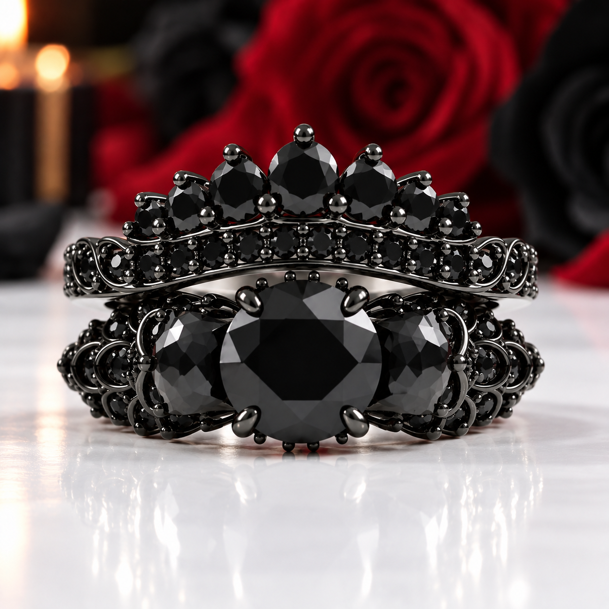 You're My Forever- 1.25 Carat Round Cut Diamond Option Skulls Promise Ring Set-Black Diamonds New York
