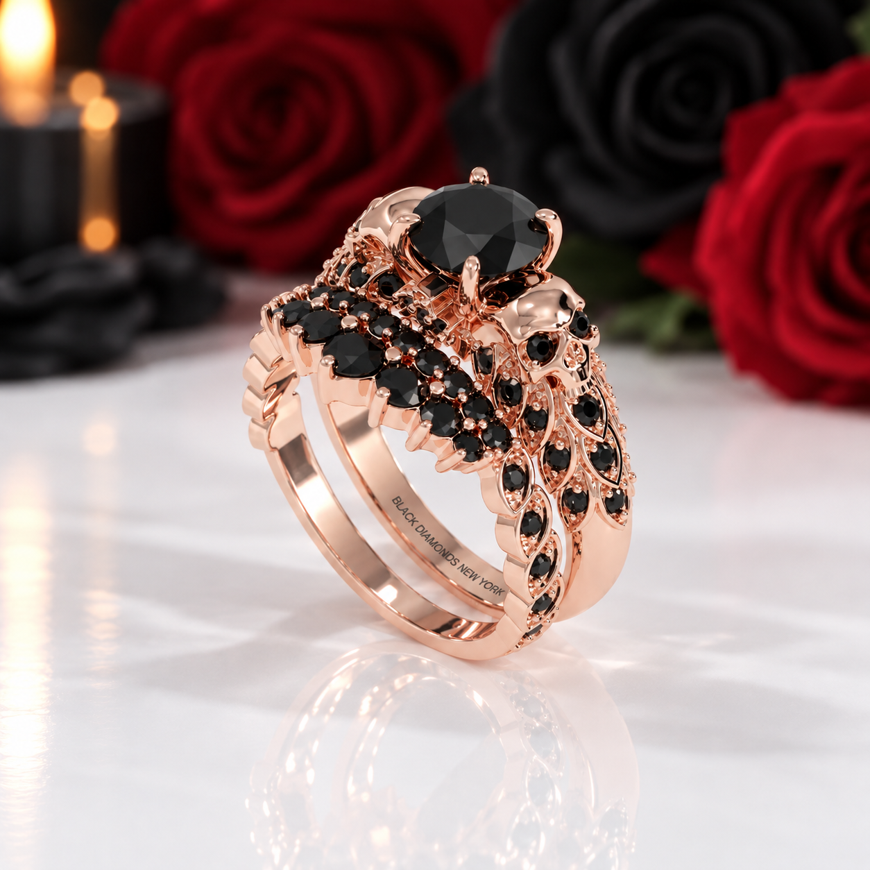You're My Forever- 1.25 Carat Round Cut Diamond Option Skulls Promise Ring Set-Black Diamonds New York