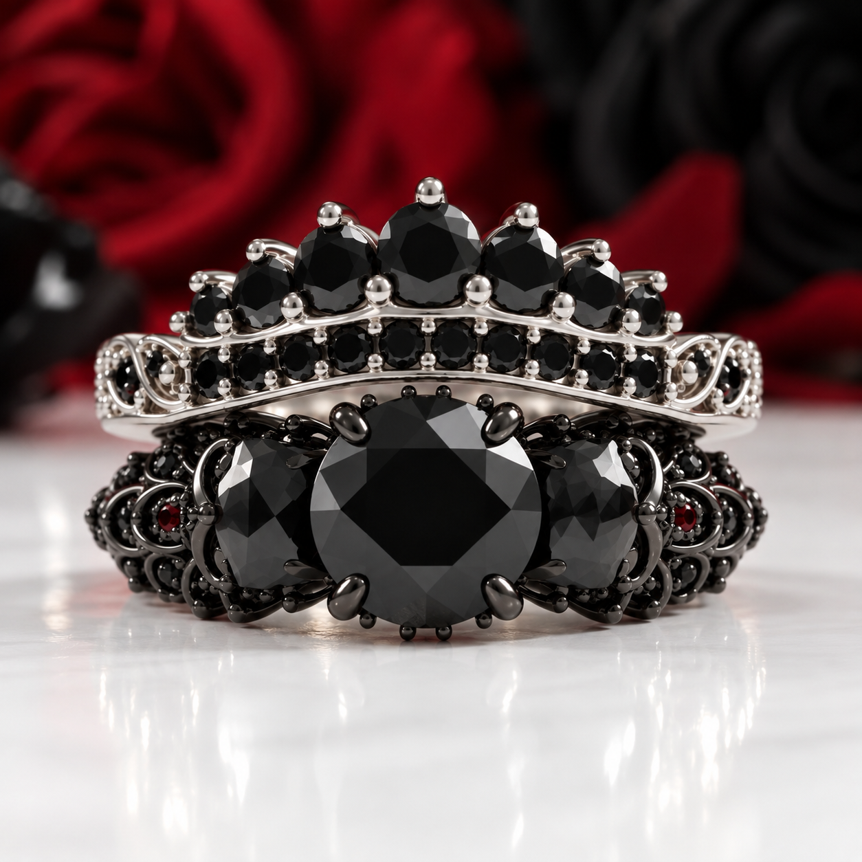 You're My Forever- 1.25 Carat Round Cut Diamond Option Skulls Promise Ring Set-Black Diamonds New York