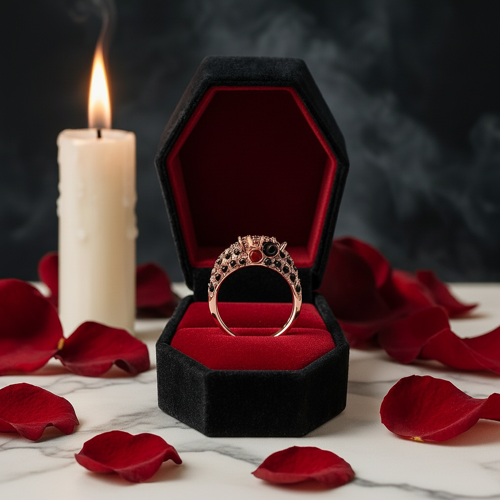 You're My Life- 14K Gold Skull, Cross Black Rose Diamond Option Gothic Promise Ring-Black Diamonds New York