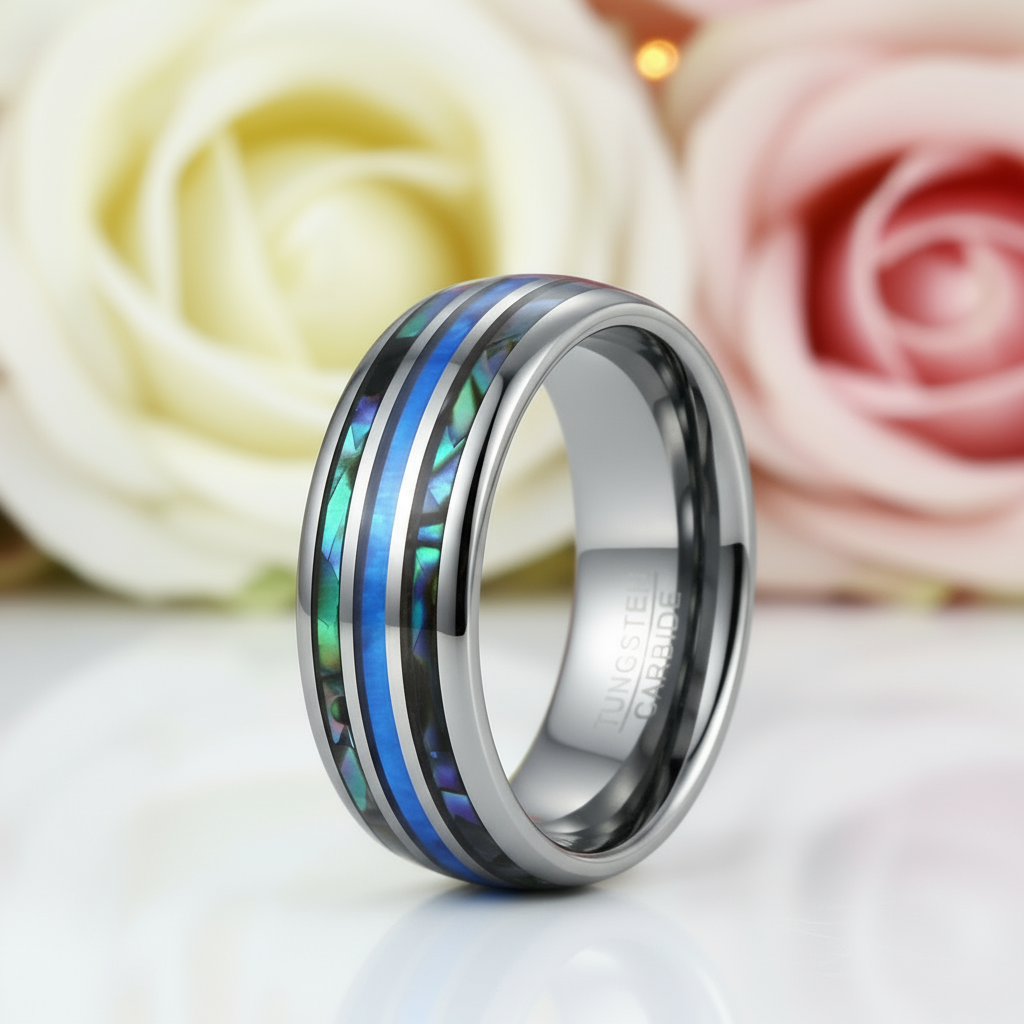 Abalone Shell Grooved Opal Tungsten Wedding Band-Black Diamonds New York