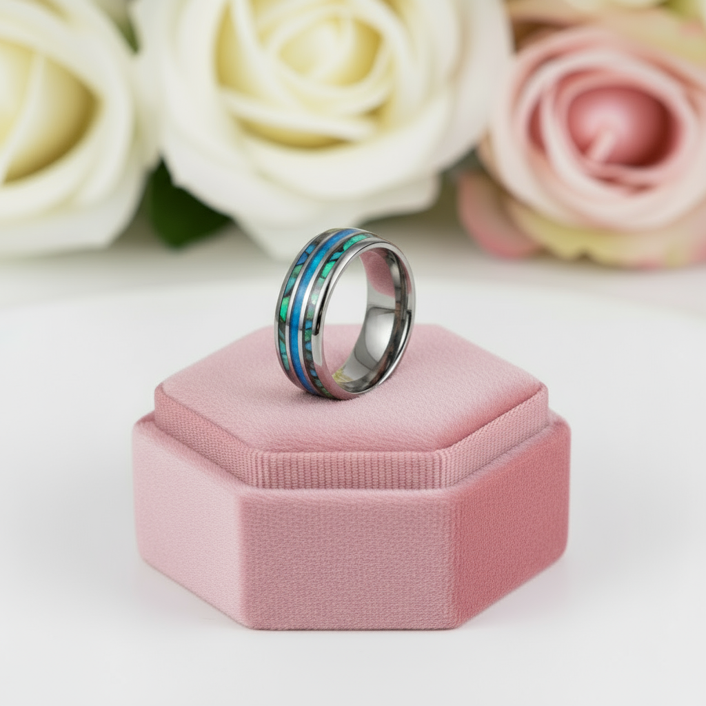 Abalone Shell Grooved Opal Tungsten Wedding Band-Black Diamonds New York