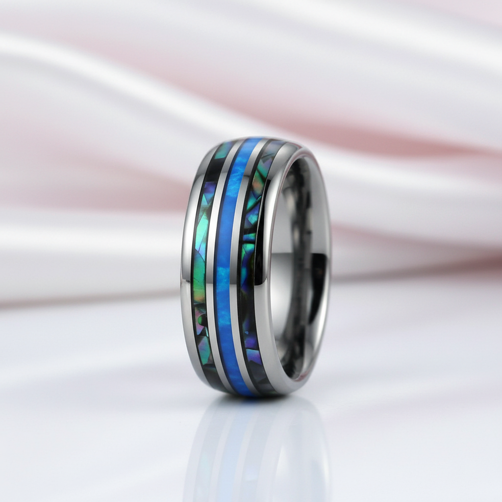 Abalone Shell Grooved Opal Tungsten Wedding Band-Black Diamonds New York