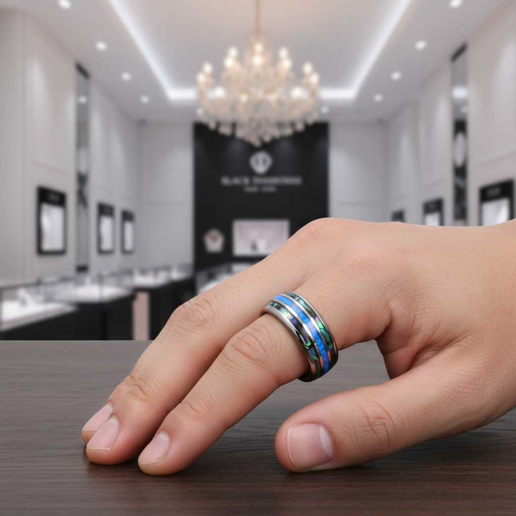 Abalone Shell Grooved Opal Tungsten Wedding Band-Black Diamonds New York