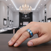 Abalone Shell Grooved Opal Tungsten Wedding Band-Black Diamonds New York