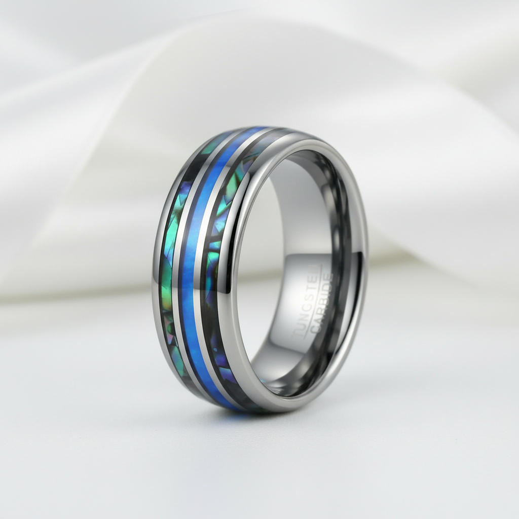 Abalone Shell Grooved Opal Tungsten Wedding Band-Black Diamonds New York