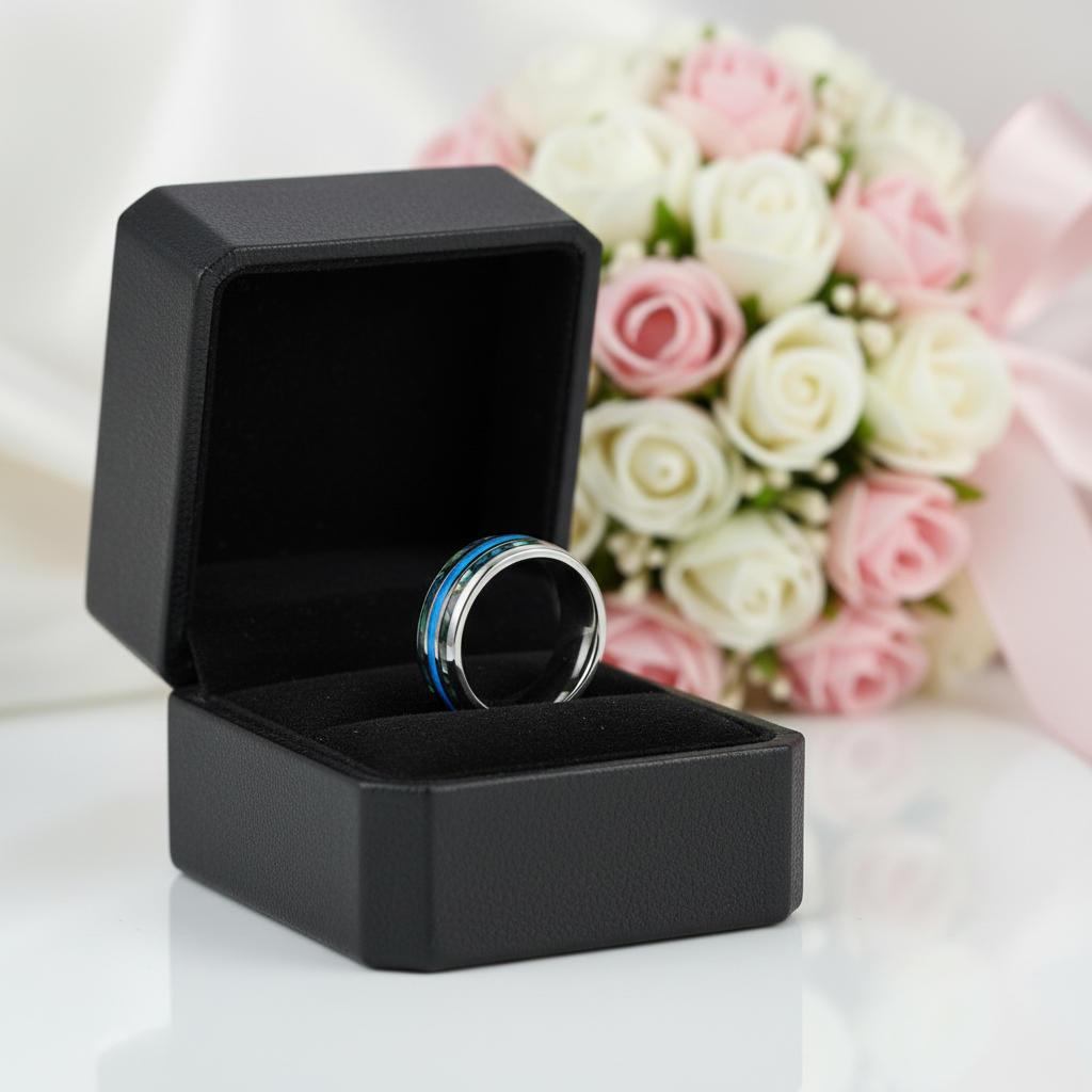 Abalone Shell Grooved Opal Tungsten Wedding Band-Black Diamonds New York