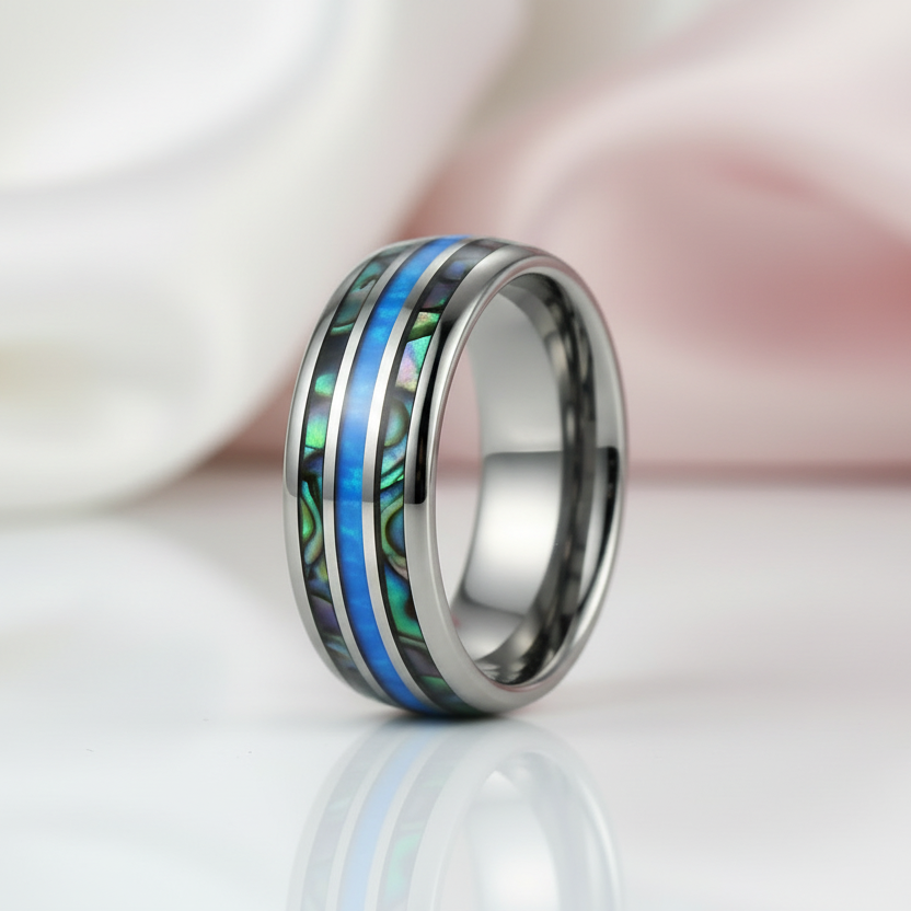 Abalone Shell Grooved Opal Tungsten Wedding Band-Black Diamonds New York
