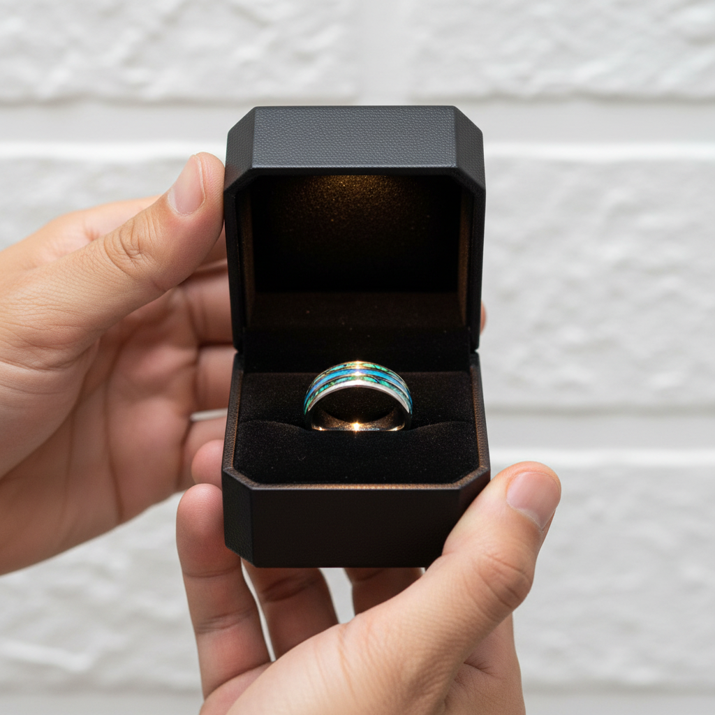 Abalone Shell Grooved Opal Tungsten Wedding Band-Black Diamonds New York