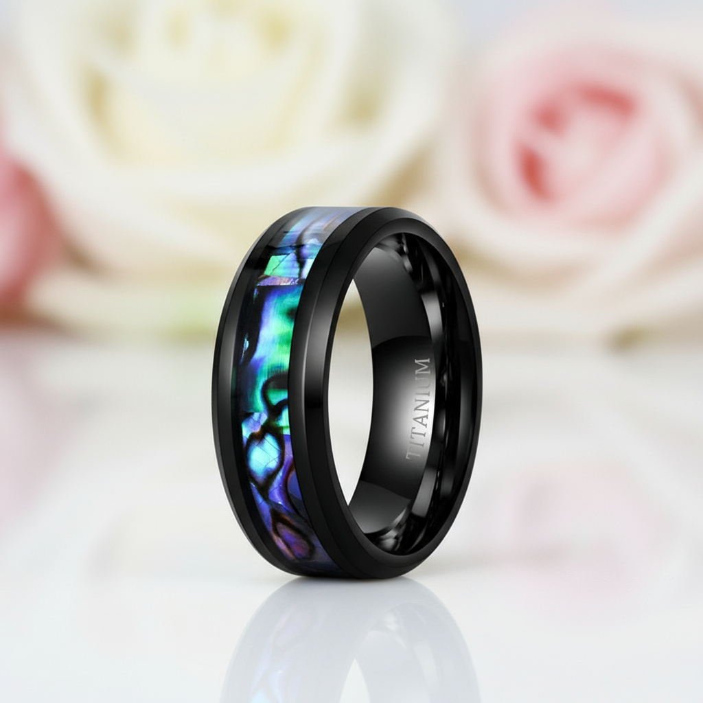 Abalone Shell Men's Titanium Wedding Band-Black Diamonds New York