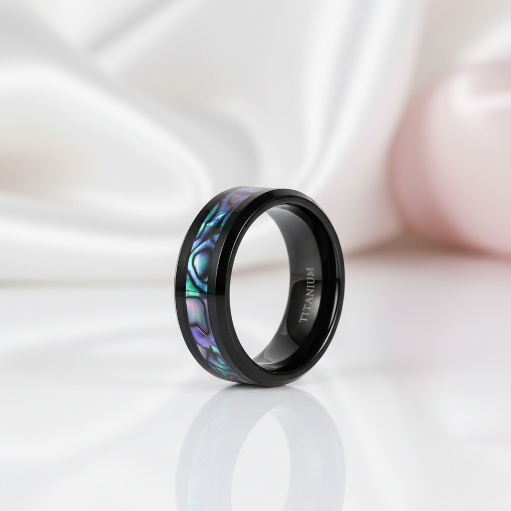 Abalone Shell Men's Titanium Wedding Band-Black Diamonds New York