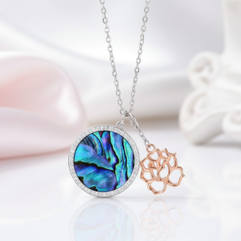 Abalone Shell Pendant Necklace with Rose Gold Flower-Black Diamonds New York