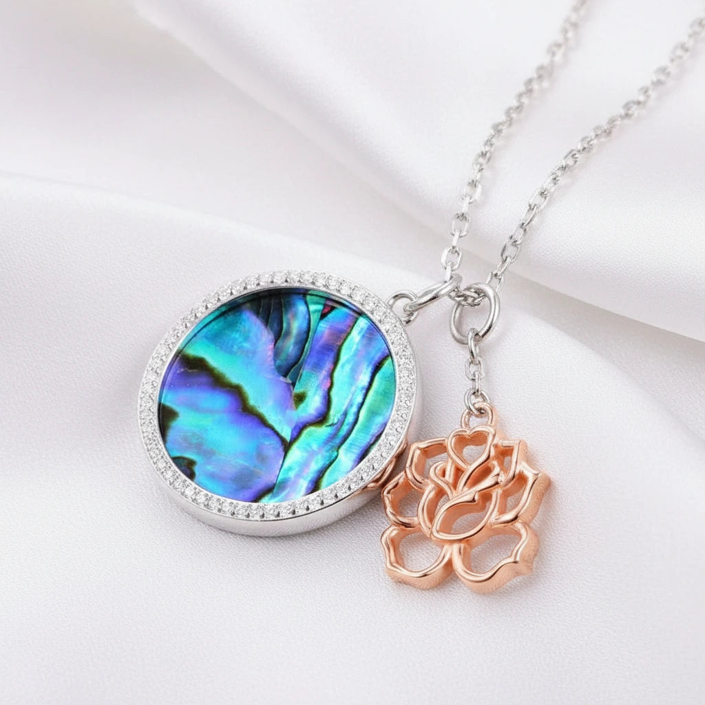 Abalone Shell Pendant Necklace with Rose Gold Flower-Black Diamonds New York