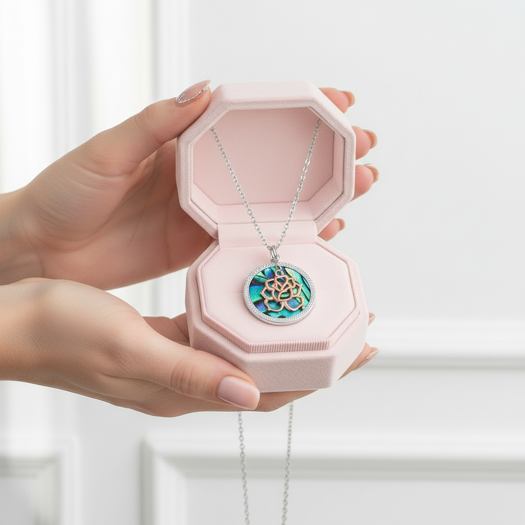 Abalone Shell Pendant Necklace with Rose Gold Flower-Black Diamonds New York