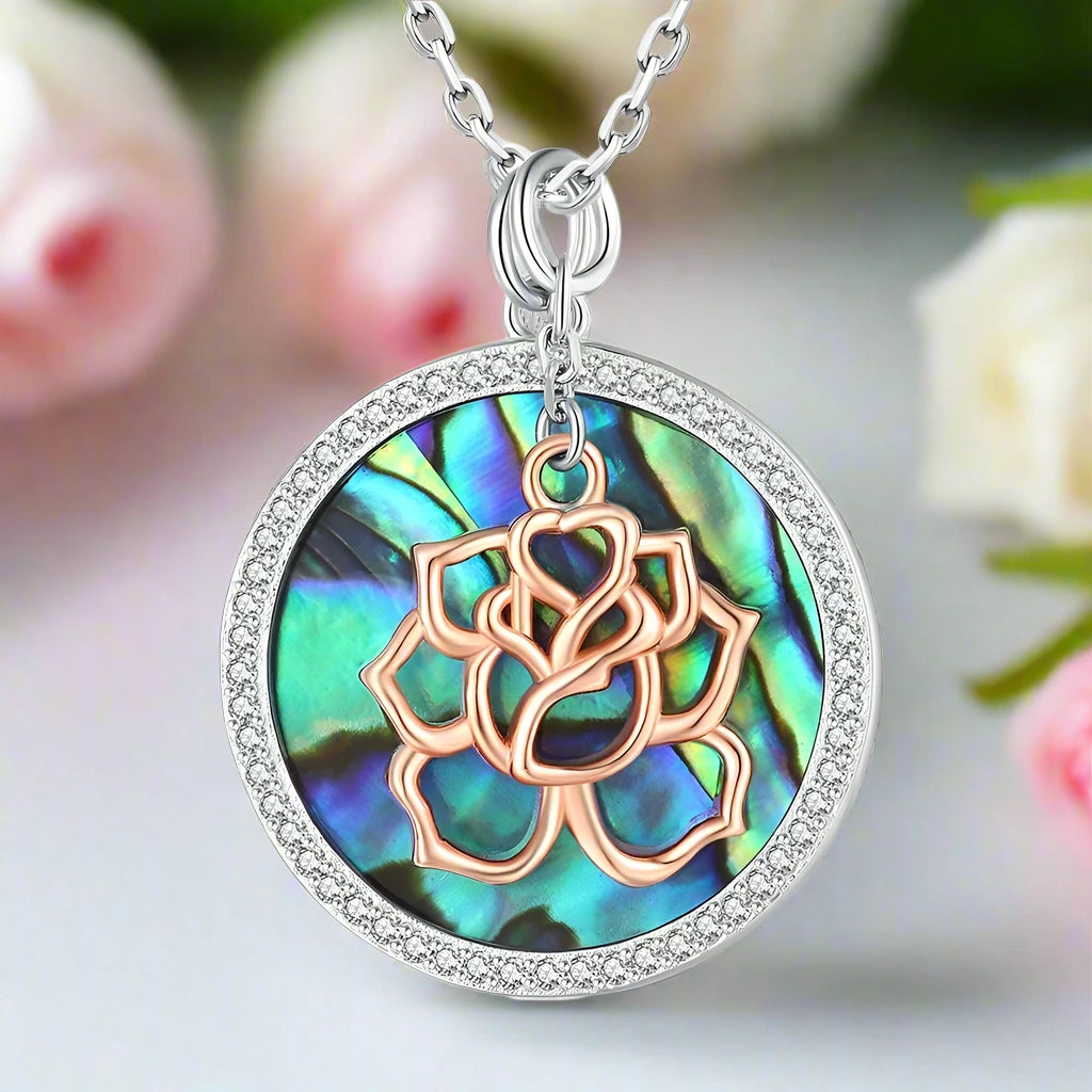 Abalone Shell Pendant Necklace with Rose Gold Flower-Black Diamonds New York